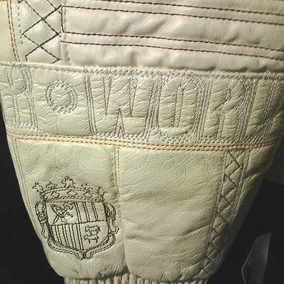 World Tour Embroidered Graphics Removable Hooded Leather Jacket Men's 2XL Cream - Picture 8 of 13